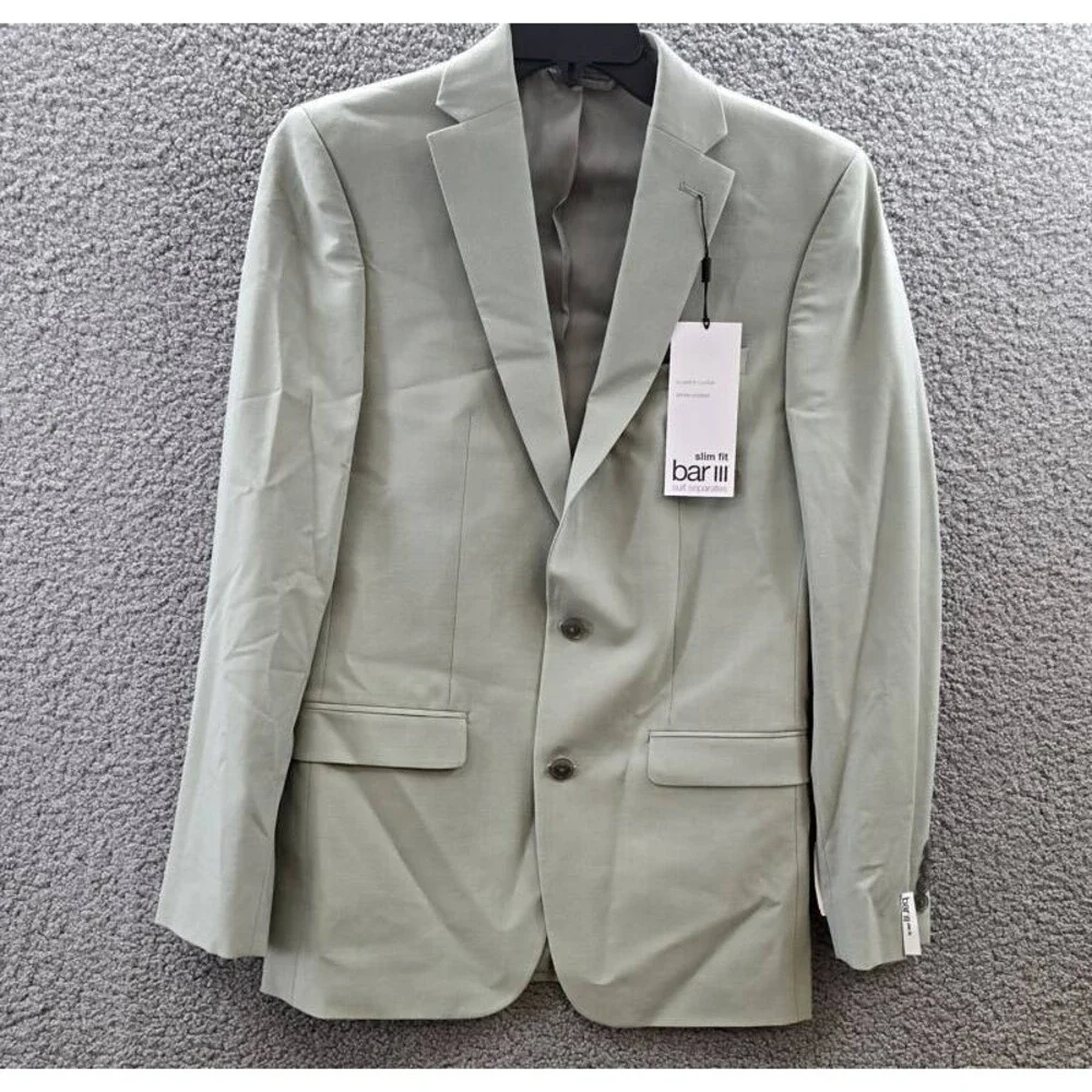 Bar III Slim-Fit Wool Blend Suit Jacket Men's 38L Sage Solid Pockets Long Sleeve
